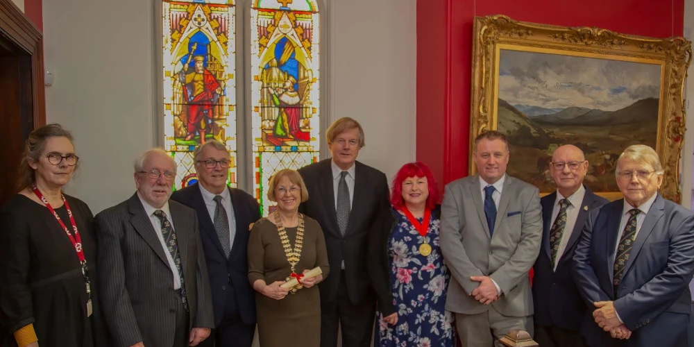 Showing all present for the presentation ceremony at Barnstaple Museum (l-r Ms Alison Mills, Museum Manager; W Bro Doug Boothroyd; RW Bro Ian Kingsbury, PPrGM; Cllr Janet Coates, Town Mayor of Barnstaple; RW Bro Sir David Wootton, PDGM; Miss Gwen Thomas, Lady Mayoress of Barnstaple Town Council; W Bro Jim Pilkington, Master of Loyal Lodge 251; W Bro Roger Moore, Lodge Curator; W Bro Keith Lobb, Secretary of Loyal Lodge 251 and event organiser)