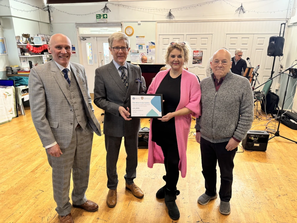 Anthony Eldred (Provincial Charity Steward, Devonshire Freemasons), W Bro Tim Golder ( Assistant Provincial Grand Master, Devonshire Freemasons), Peta Howell (General Manager, Alice Cross Centre), Andy Longford (Chair of Trustees, Alice Cross Centre)