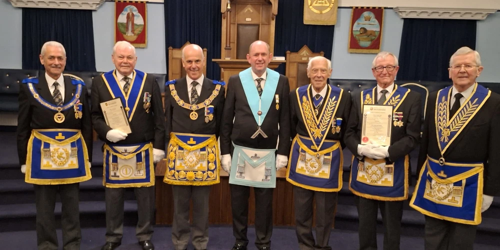 Past and Present members of the Executive in attendance for the double certificate presentation for W Bro John Welsford and W Bro Anthony Banbury