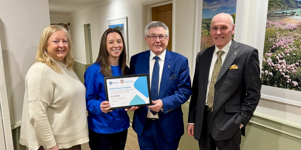In the photo (Taken in newly refurbished wing of Hospice) Samantha Husband (Finance Director), Lizzie Hanks (Head of Fundraising), Charlie Yelland (Asst Provincial Grand Master Devonshire Freemasons) and Anthony Eldred (Charity Steward Devonshire Freemasons)